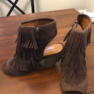 Peep toe fringe booties